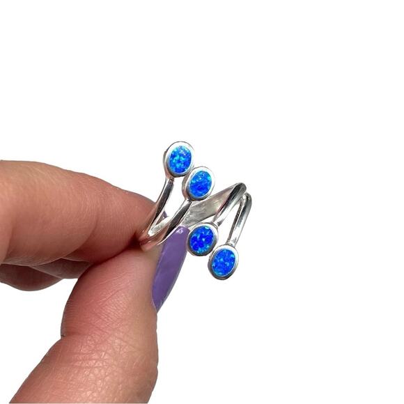 Blue Fire Opal Ring Solid 925 Sterling Silver Adjustable Size 5 6 7 8 8.5 - Picture 7 of 9